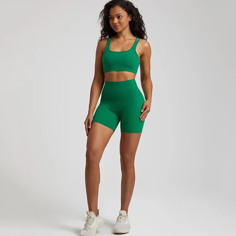 Soft Nylon Spandex Yoga Set - Workout Outfits for Women, Sport Bra, High Waist Shorts, 2 Piece Sets, Running Sportswear, Gym Clothing