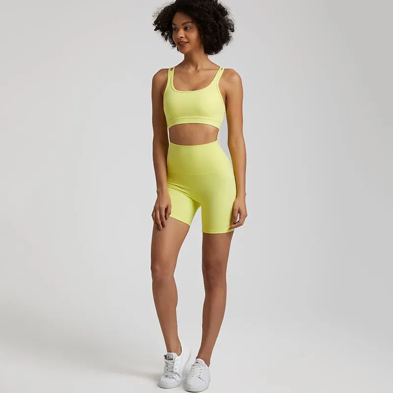 Soft Nylon Spandex Yoga Set - Workout Outfits for Women, Sport Bra, High Waist Shorts, 2 Piece Sets, Running Sportswear, Gym Clothing