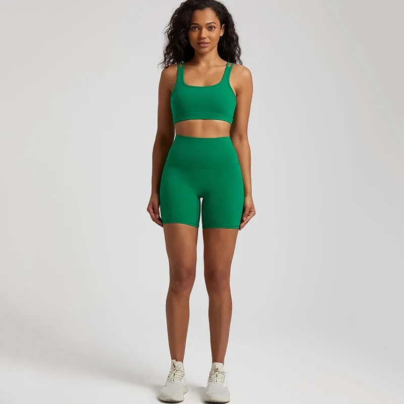 Soft Nylon Spandex Yoga Set - Workout Outfits for Women, Sport Bra, High Waist Shorts, 2 Piece Sets, Running Sportswear, Gym Clothing