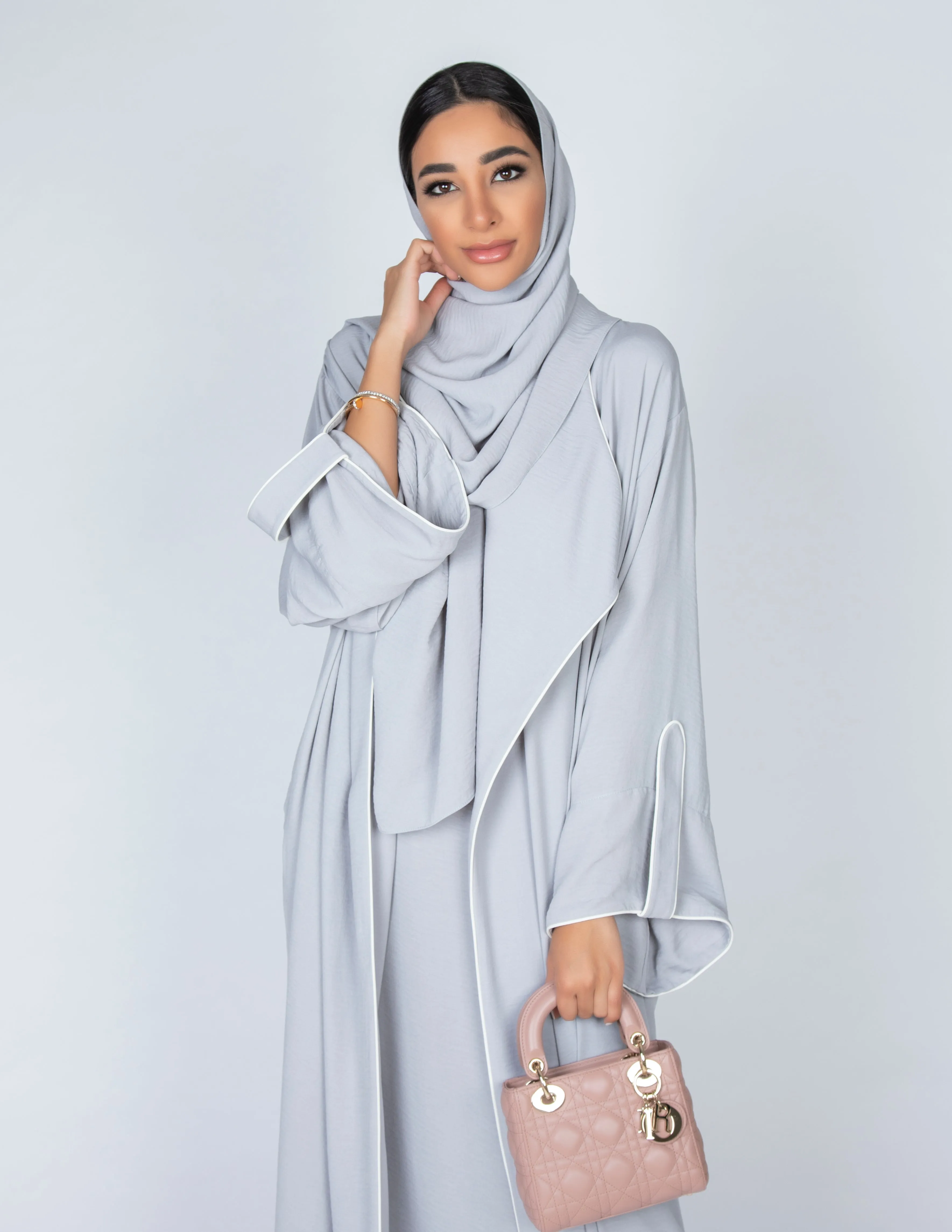 SS20  GREY WORK ABAYA  WITH DRAPE LAPEL