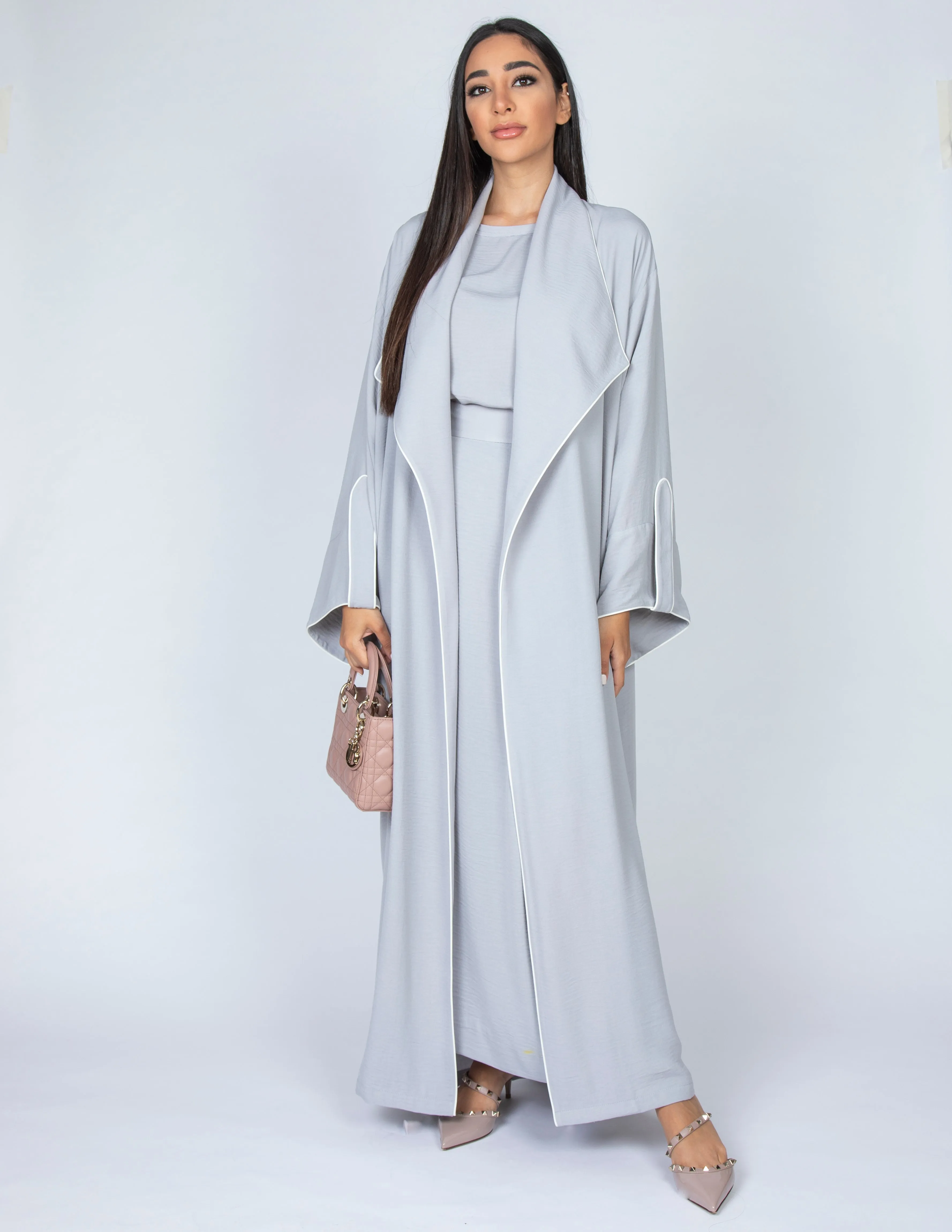 SS20  GREY WORK ABAYA  WITH DRAPE LAPEL