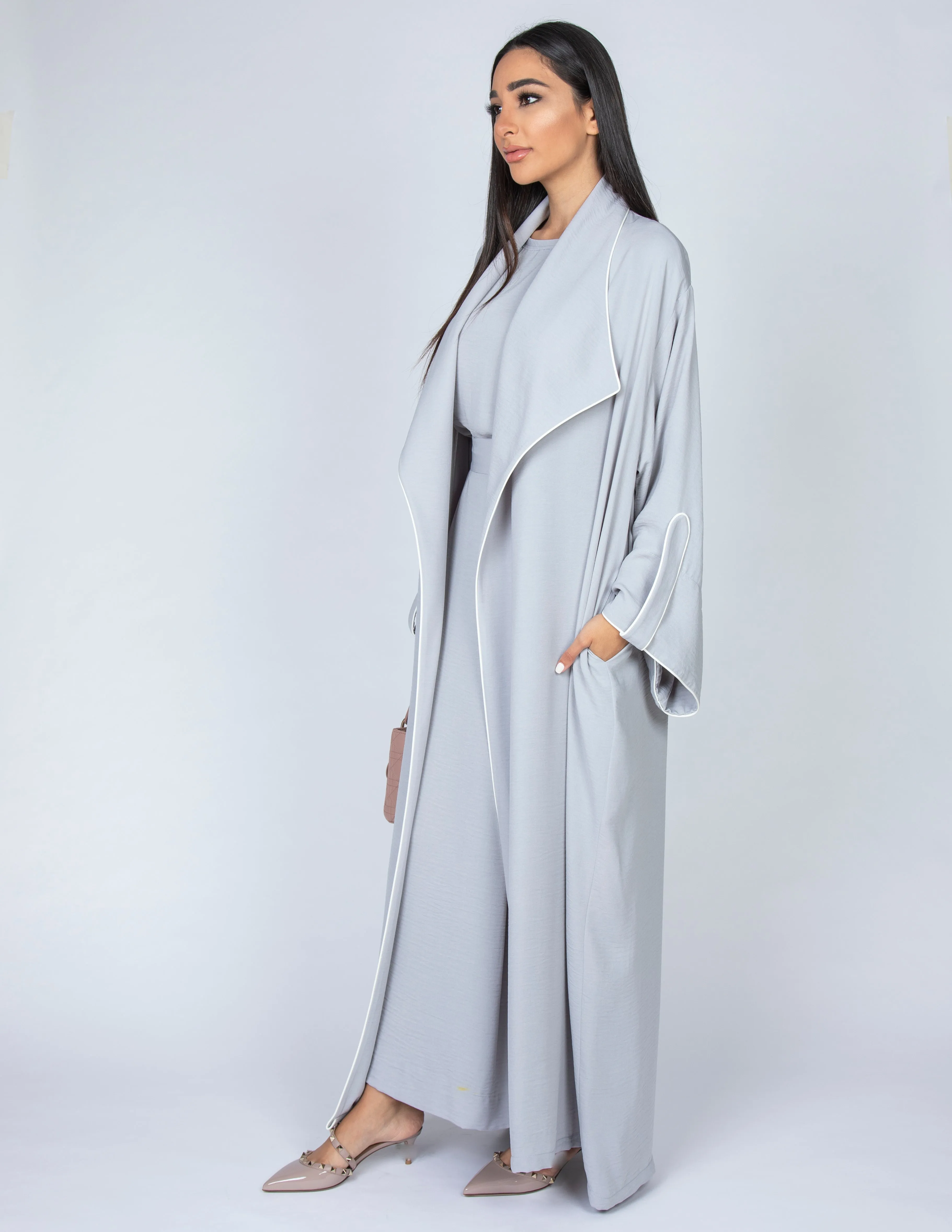 SS20  GREY WORK ABAYA  WITH DRAPE LAPEL