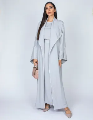 SS20  GREY WORK ABAYA  WITH DRAPE LAPEL