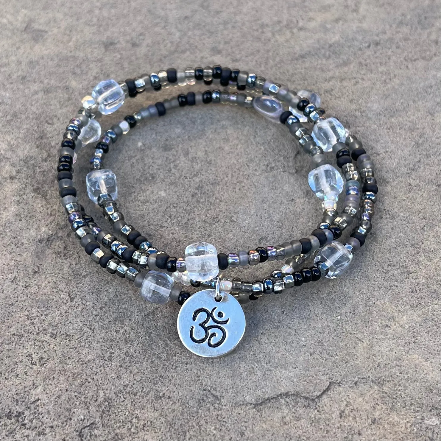 Stretch necklace or triple wrap bracelet with silver Om charm