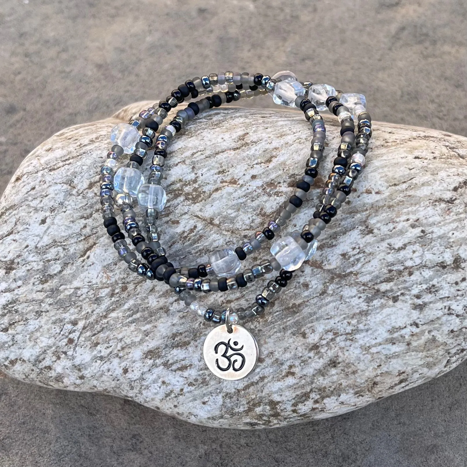 Stretch necklace or triple wrap bracelet with silver Om charm