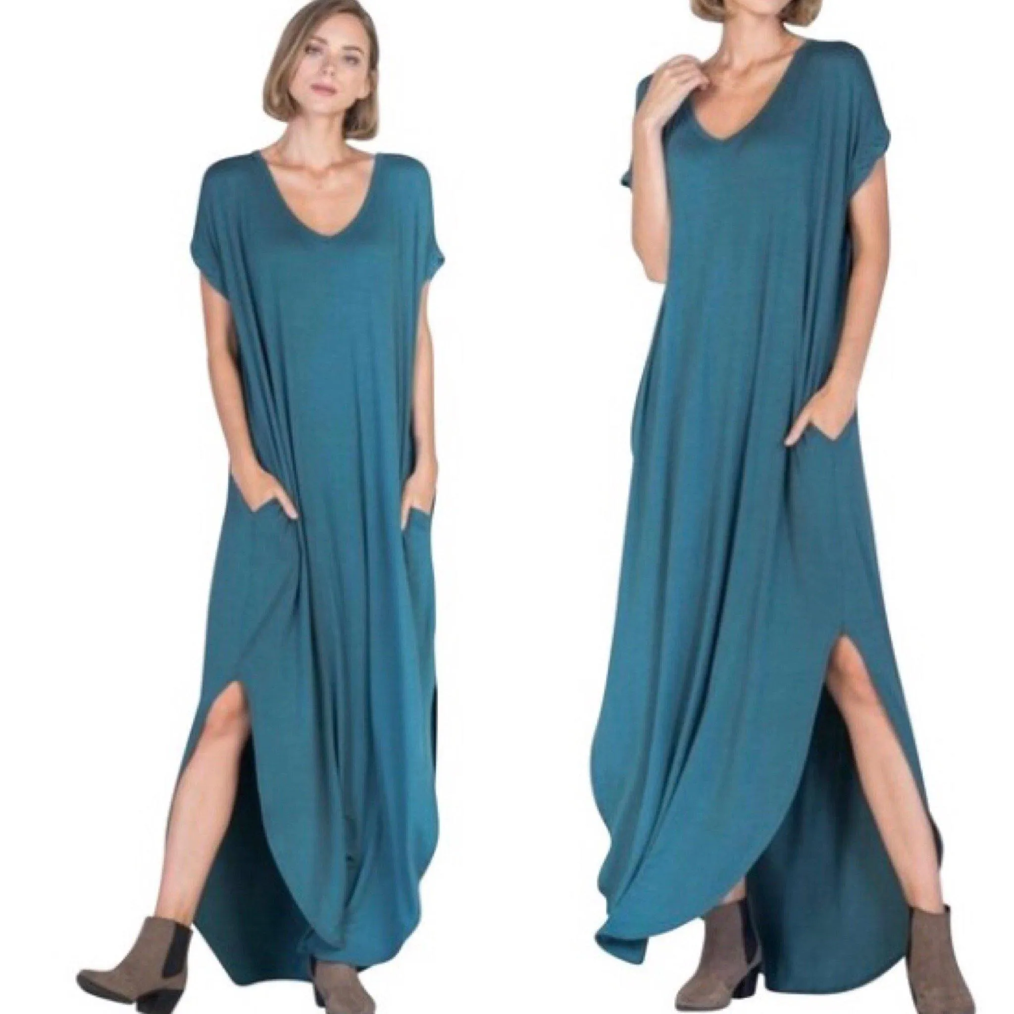 Teal Blue Open Back Maxi Dress with Side Pockets