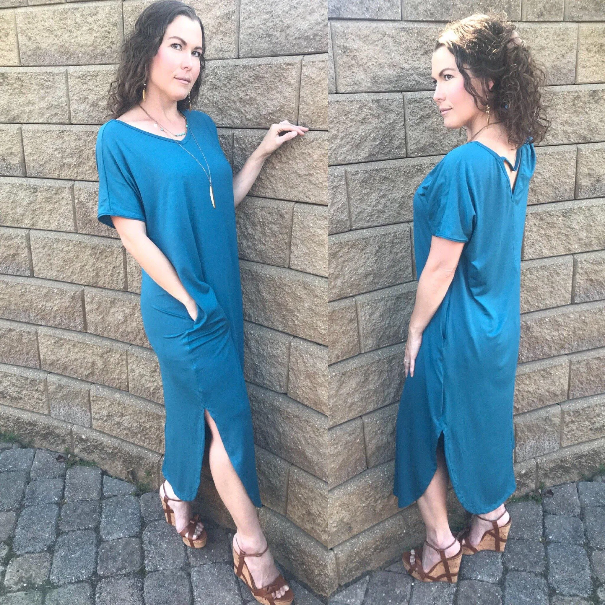 Teal Blue Open Back Maxi Dress with Side Pockets