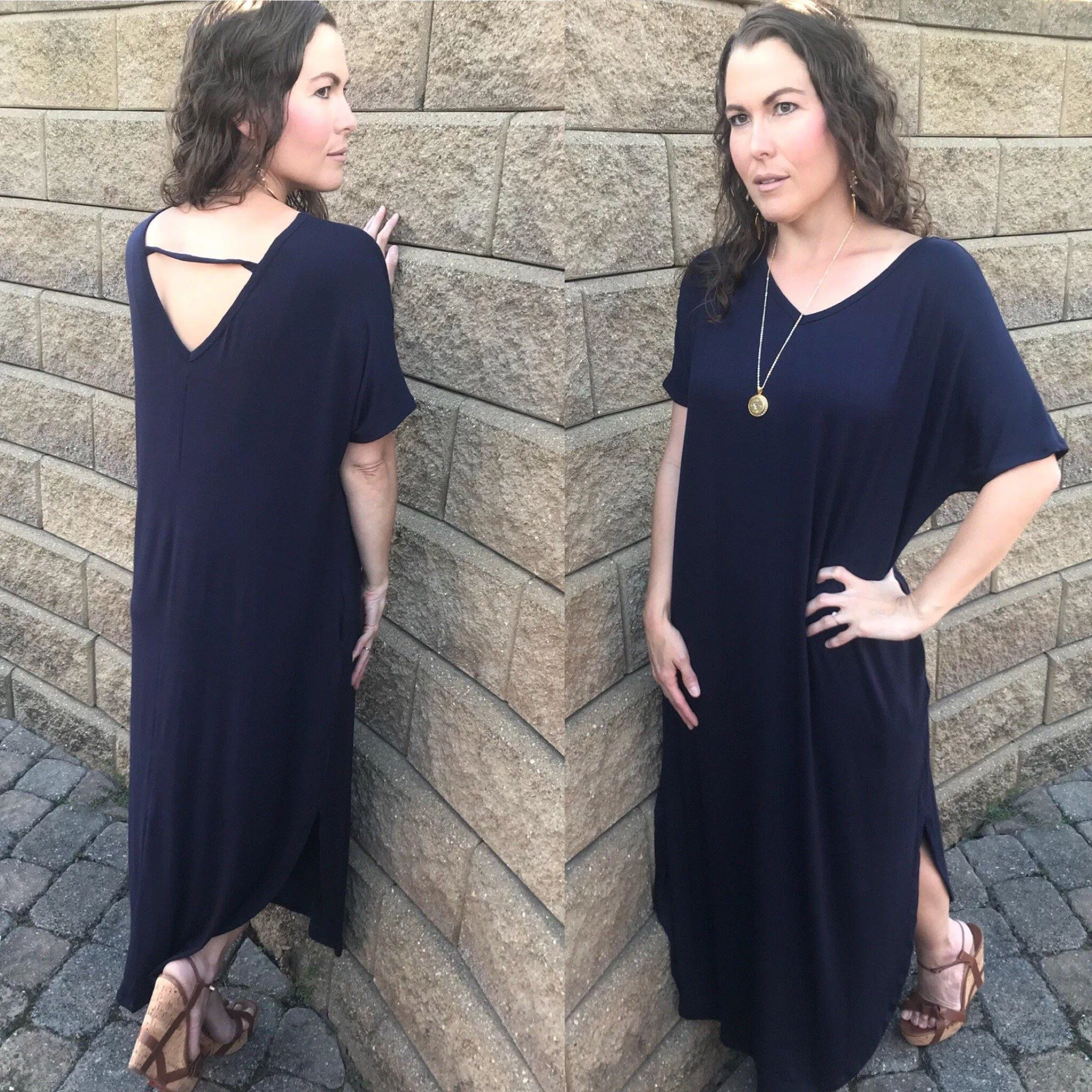 Teal Blue Open Back Maxi Dress with Side Pockets
