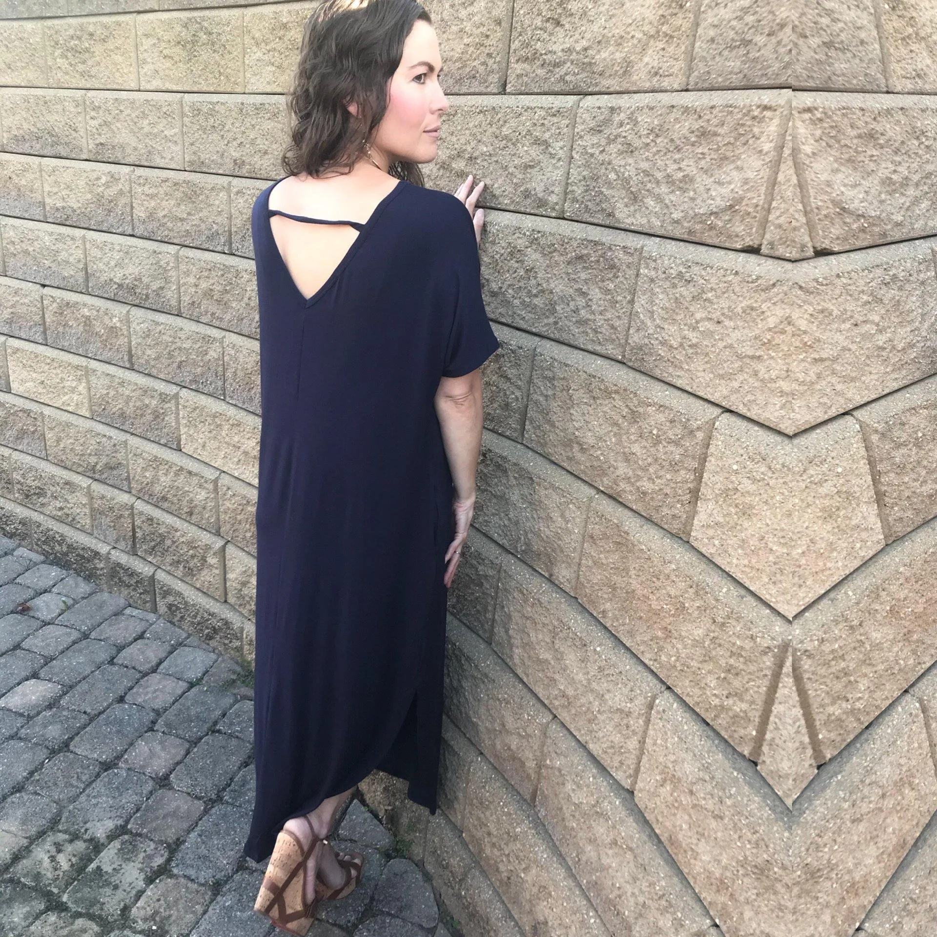 Teal Blue Open Back Maxi Dress with Side Pockets