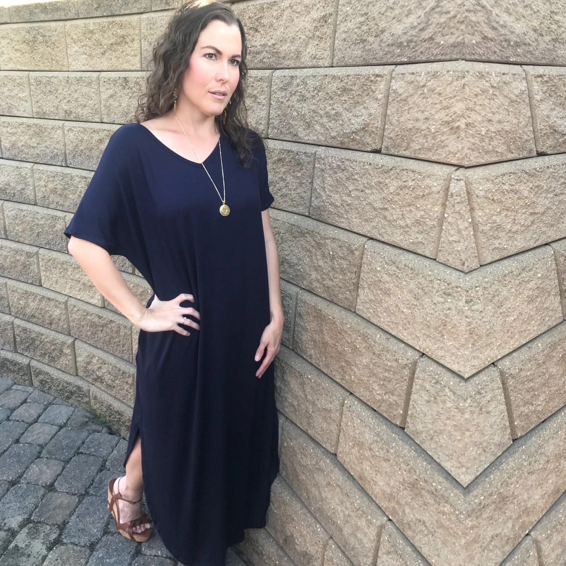 Teal Blue Open Back Maxi Dress with Side Pockets