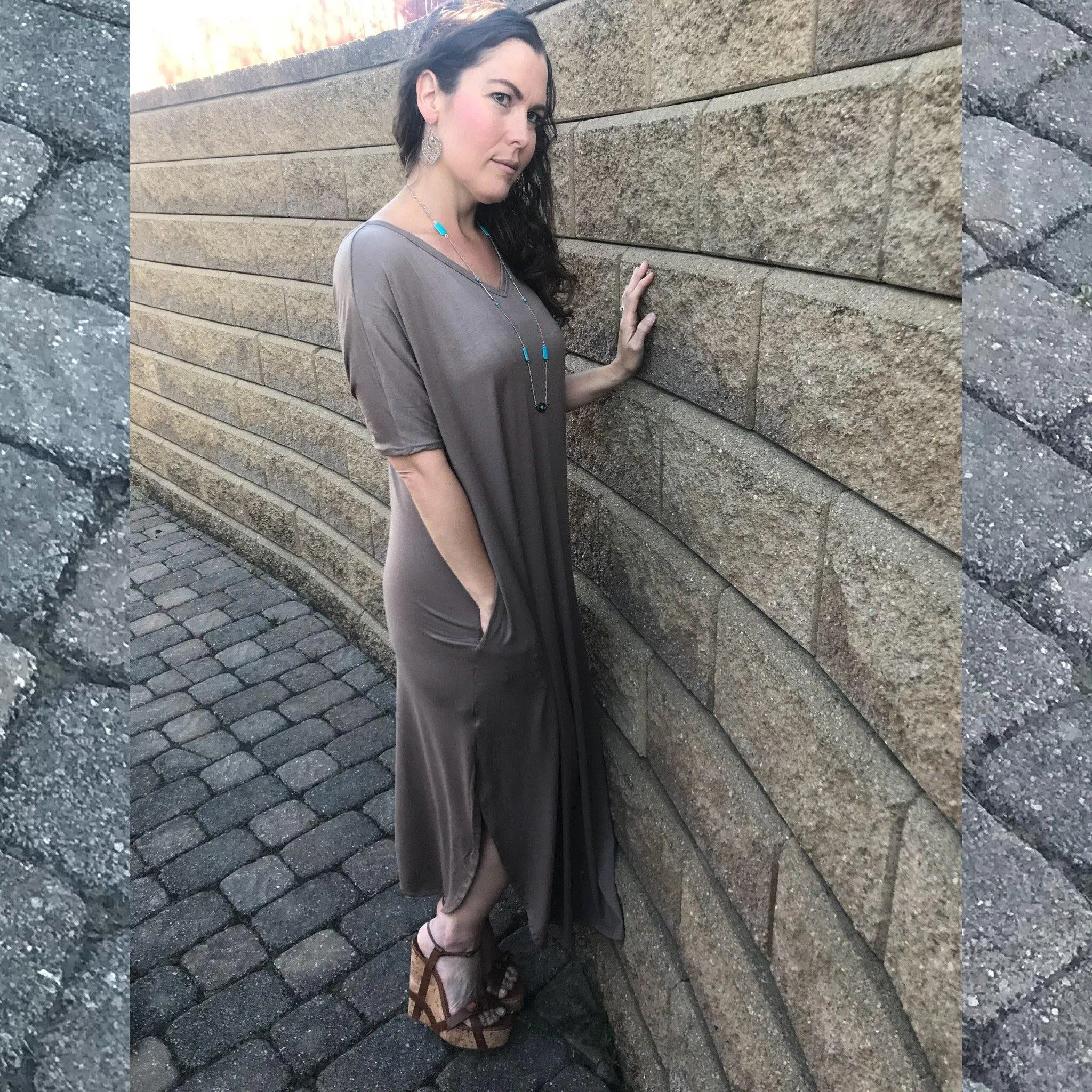 Teal Blue Open Back Maxi Dress with Side Pockets