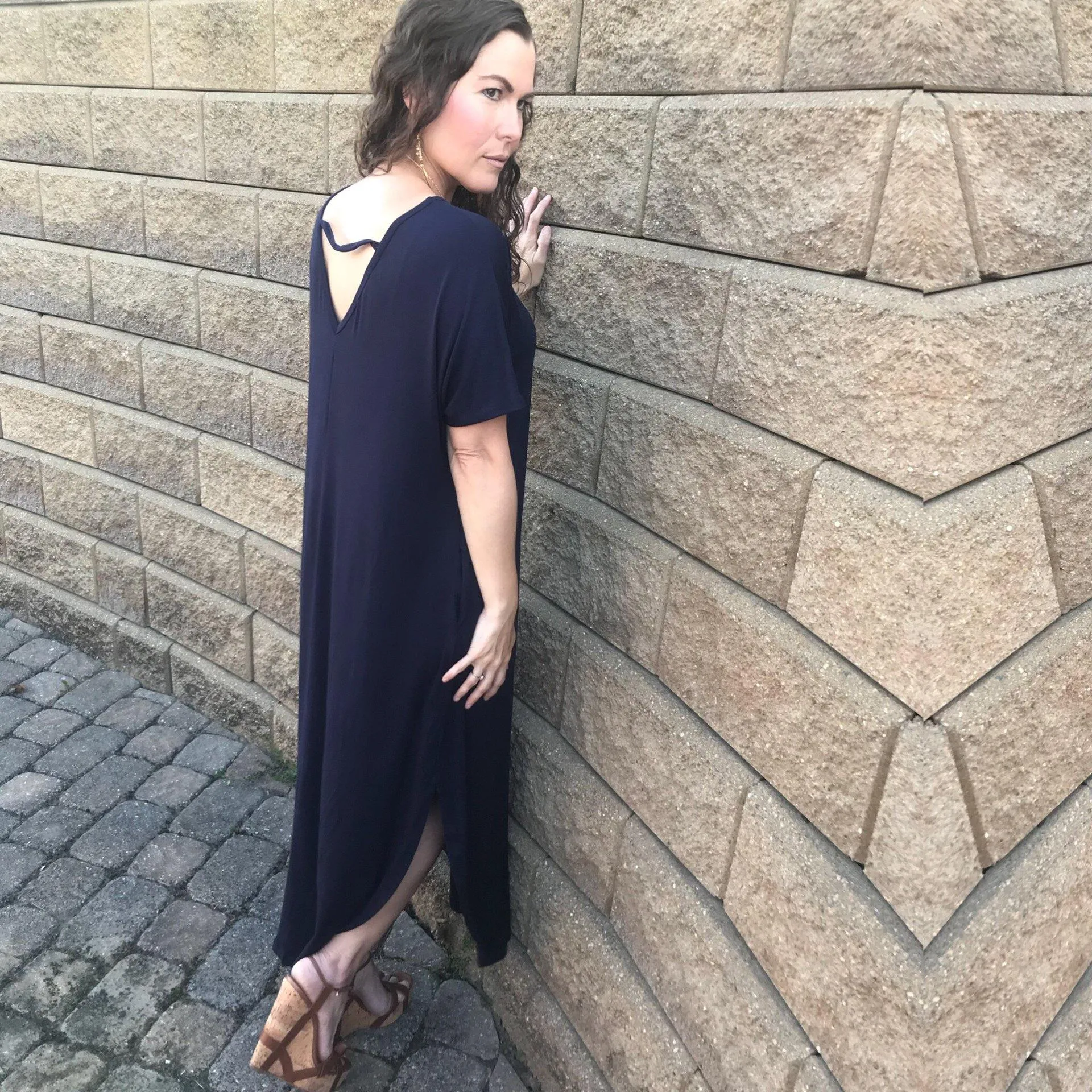Teal Blue Open Back Maxi Dress with Side Pockets