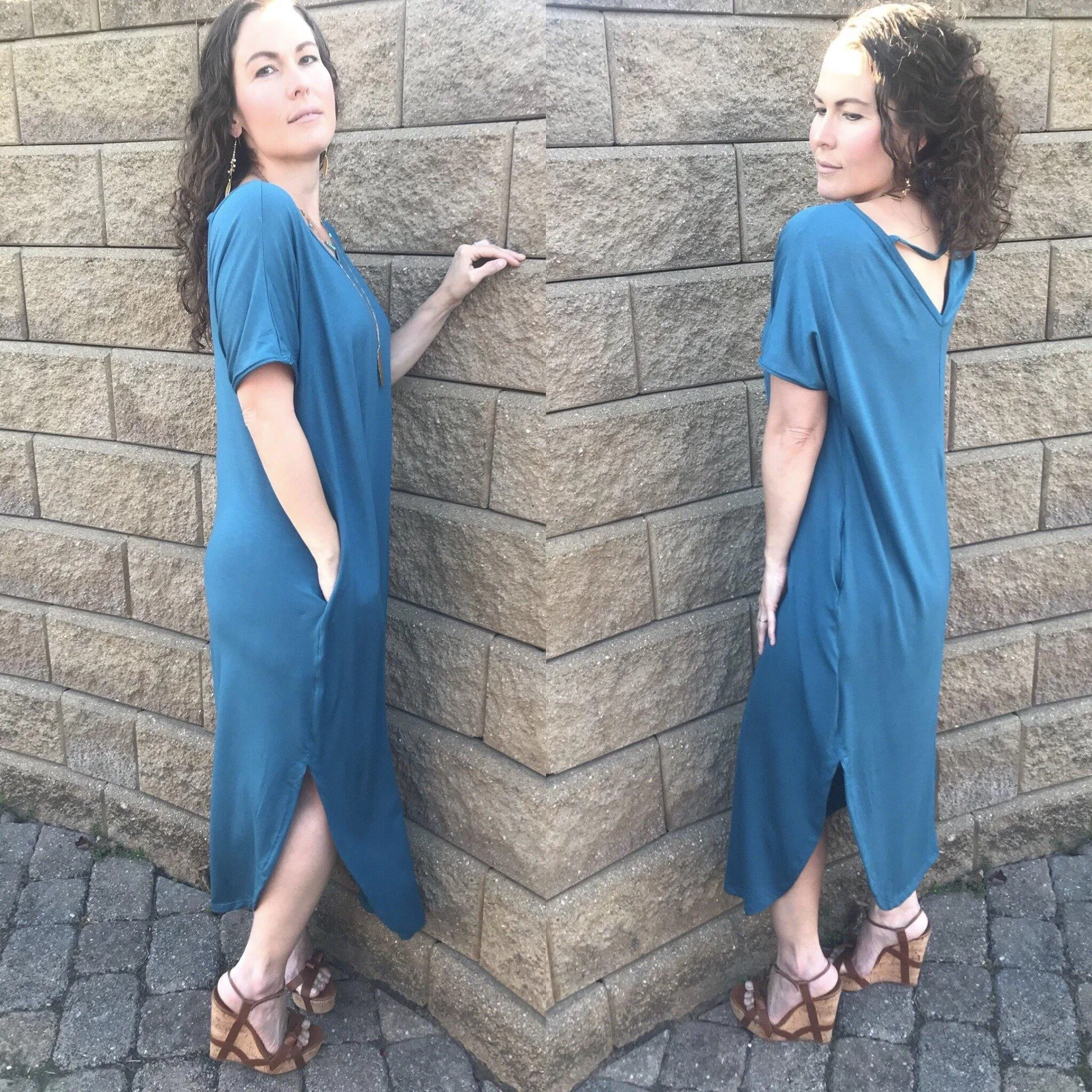 Teal Blue Open Back Maxi Dress with Side Pockets
