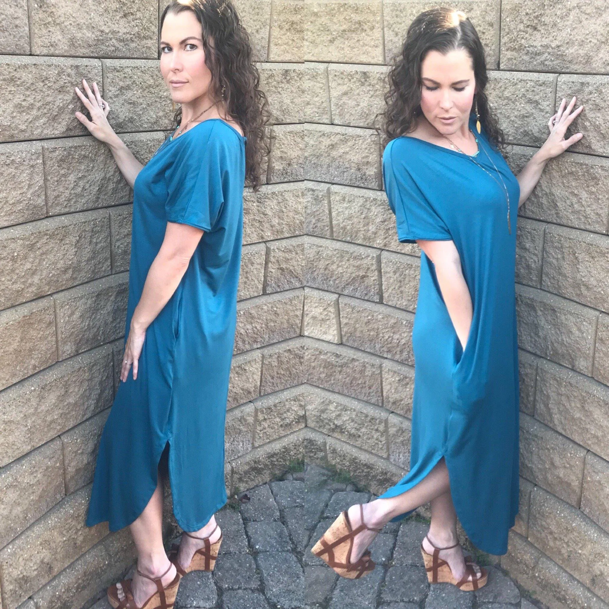 Teal Blue Open Back Maxi Dress with Side Pockets