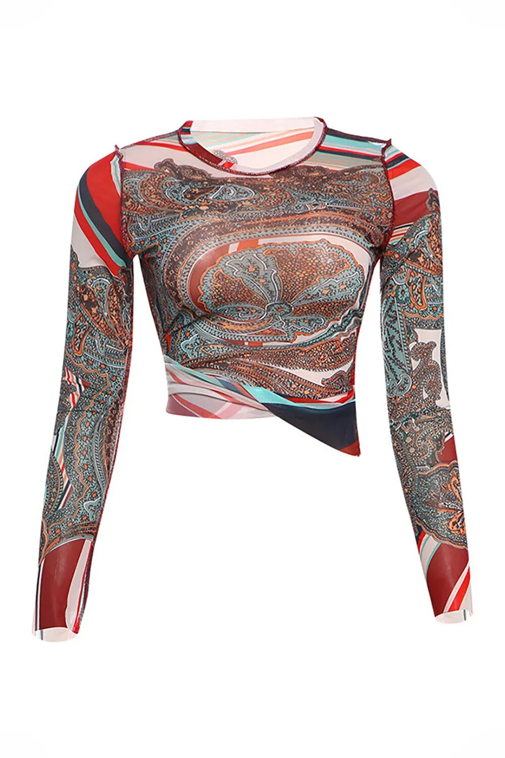 Tribal Print Round Neck Long Sleeve See Through Mesh Slim Fit Top-Brown