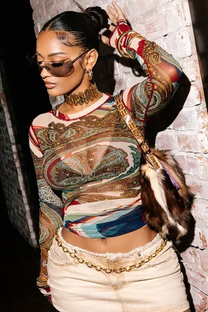 Tribal Print Round Neck Long Sleeve See Through Mesh Slim Fit Top-Brown
