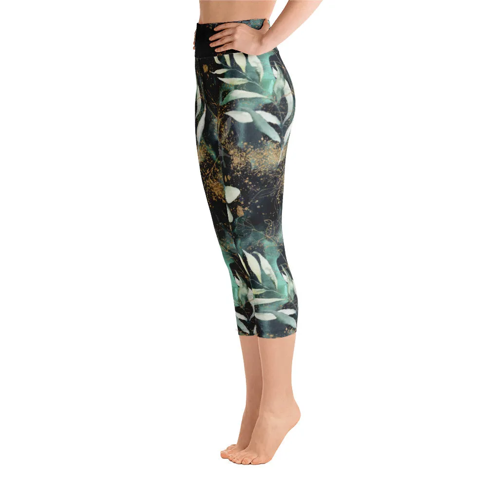 Turquoise, Black and Gold Splatter - Yoga Capri Leggings