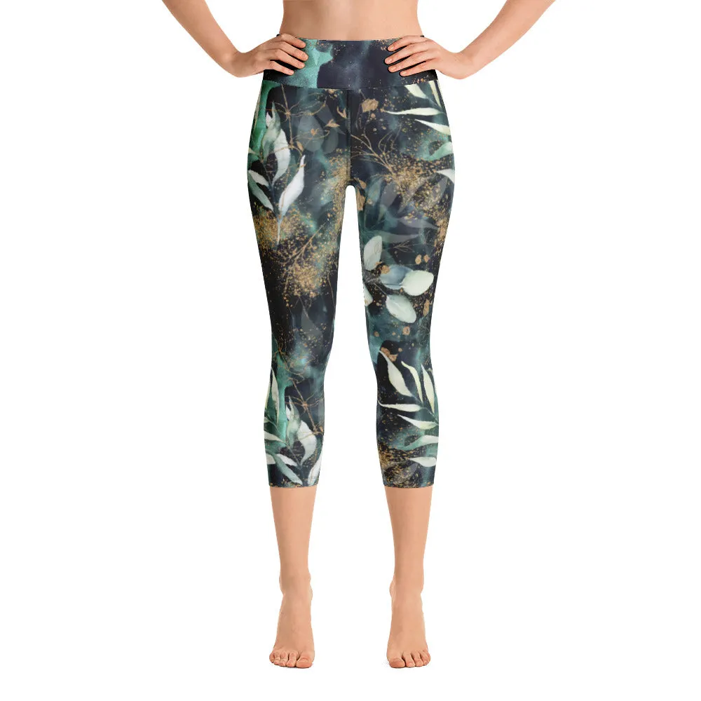 Turquoise, Black and Gold Splatter - Yoga Capri Leggings