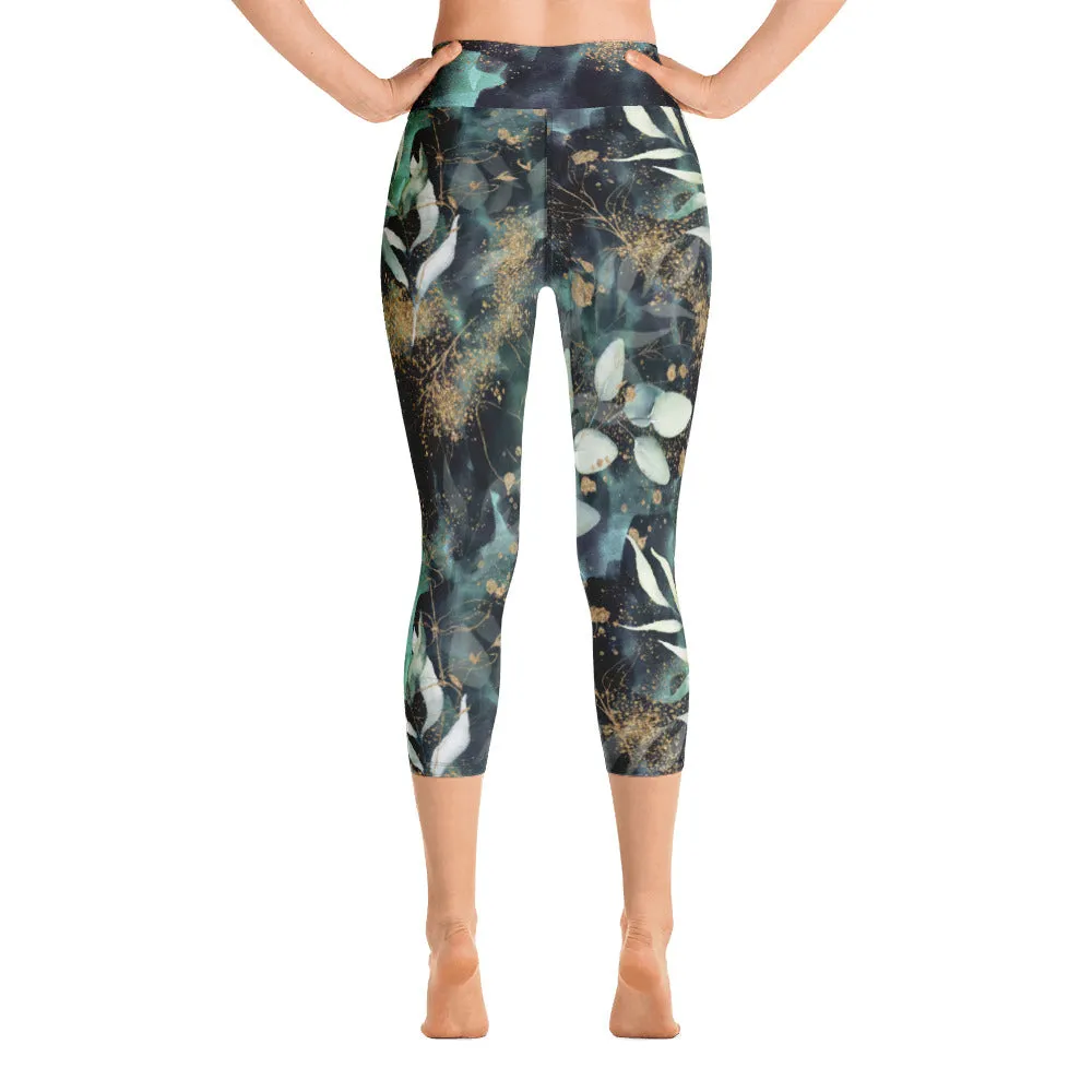 Turquoise, Black and Gold Splatter - Yoga Capri Leggings