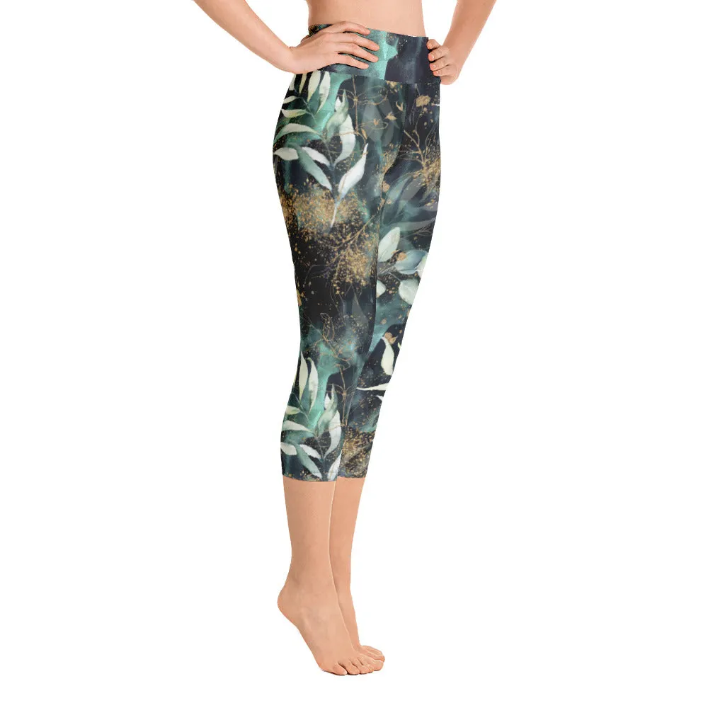 Turquoise, Black and Gold Splatter - Yoga Capri Leggings