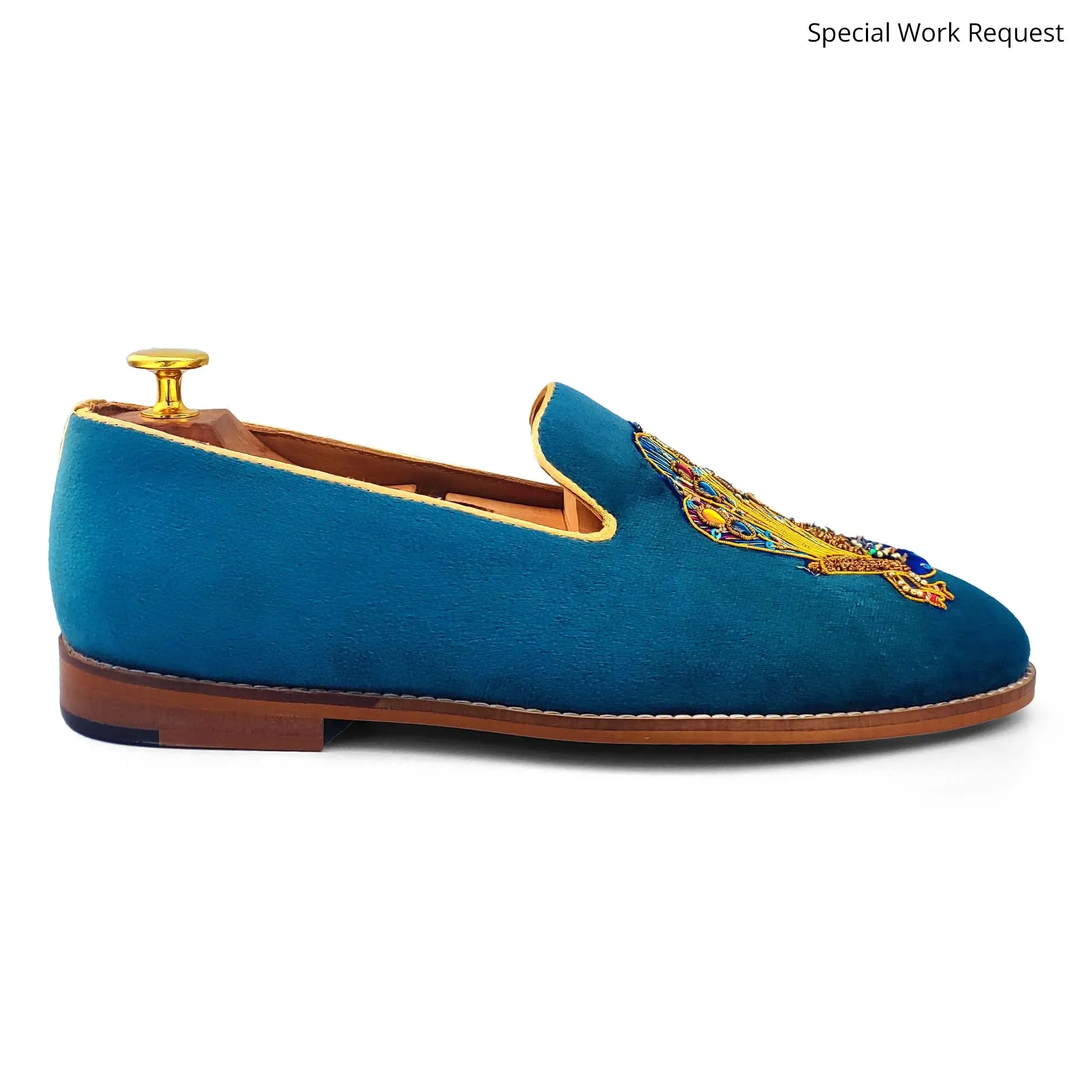 Turquoise Blue Loafer with Special Peacock Zardozi Work for Men