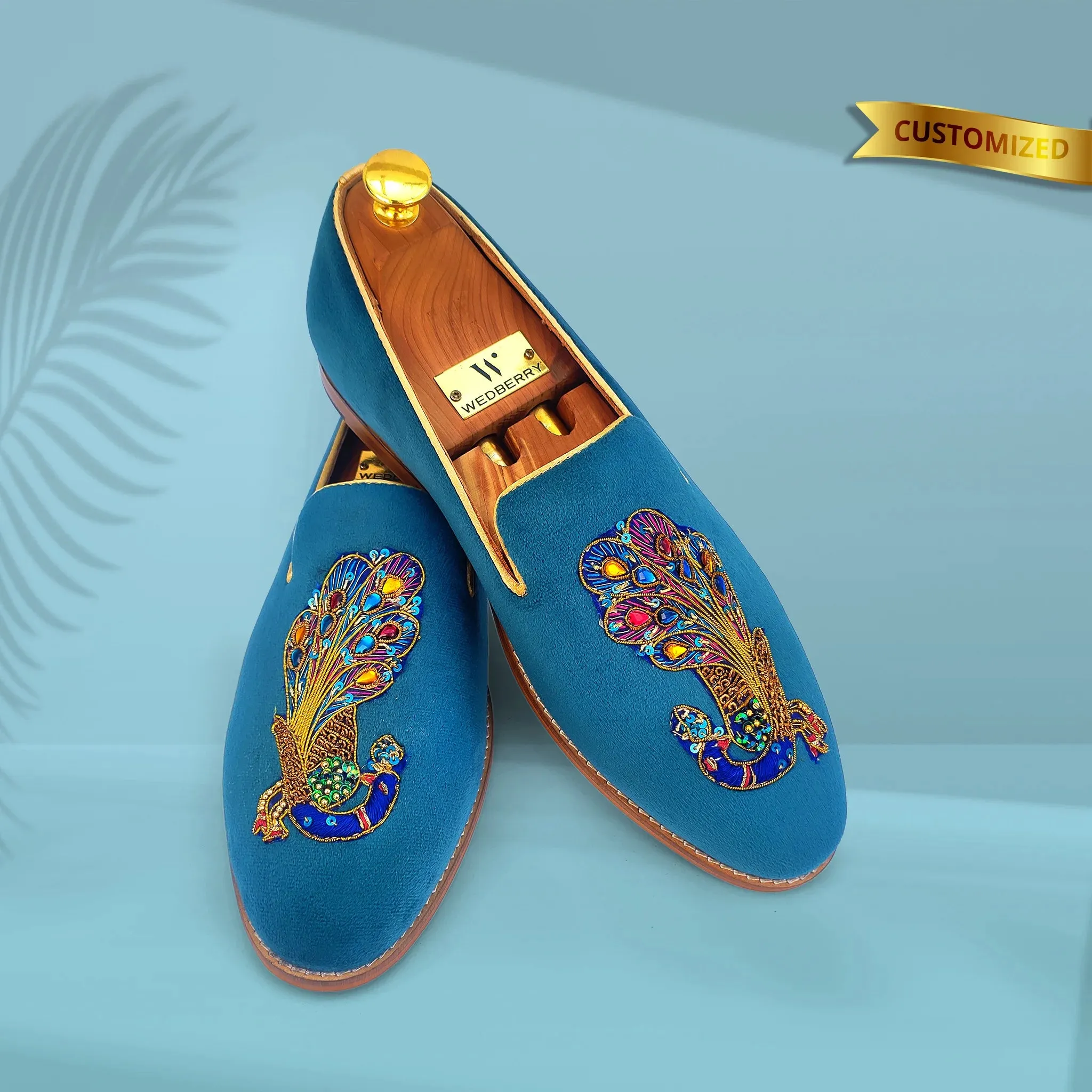 Turquoise Blue Loafer with Special Peacock Zardozi Work for Men