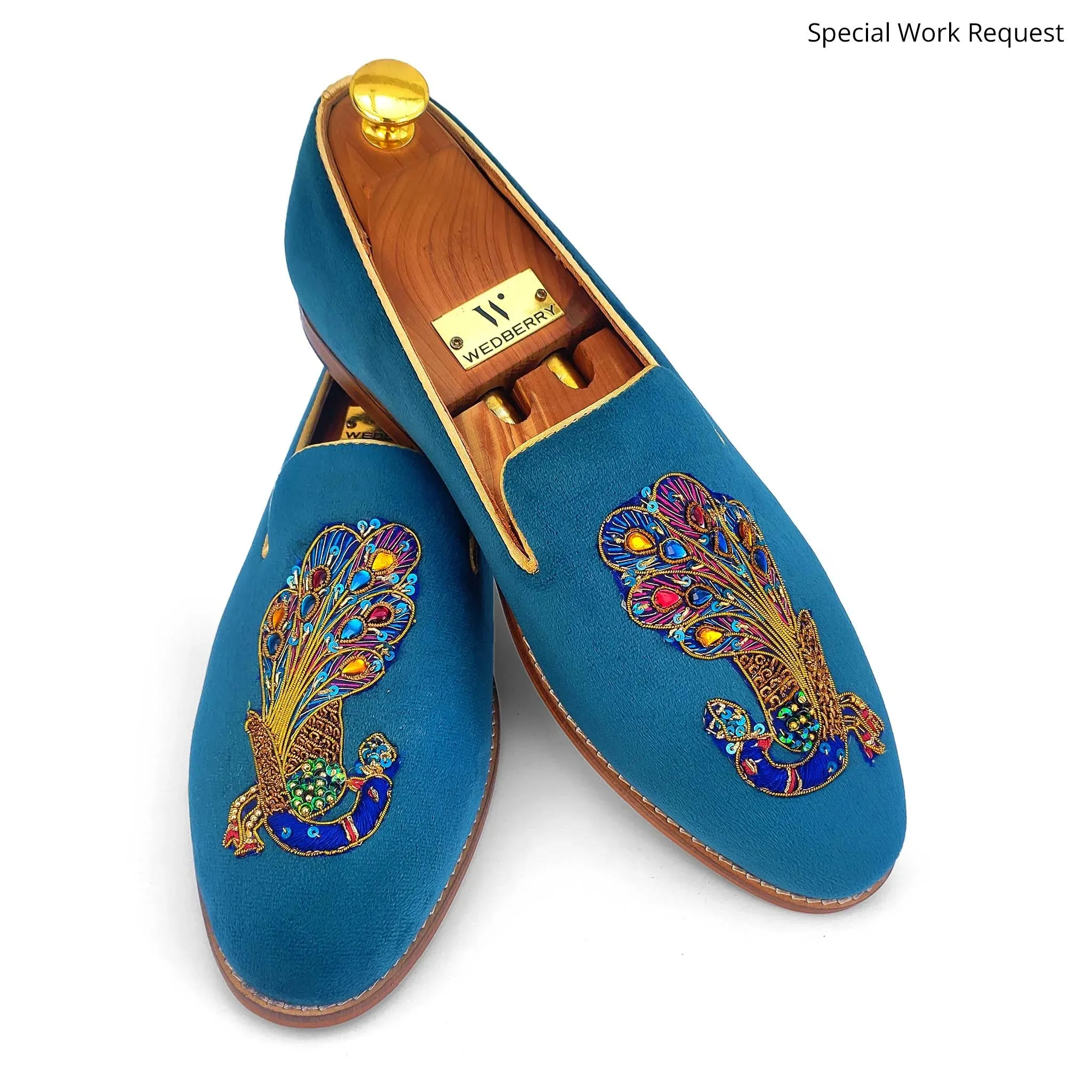 Turquoise Blue Loafer with Special Peacock Zardozi Work for Men