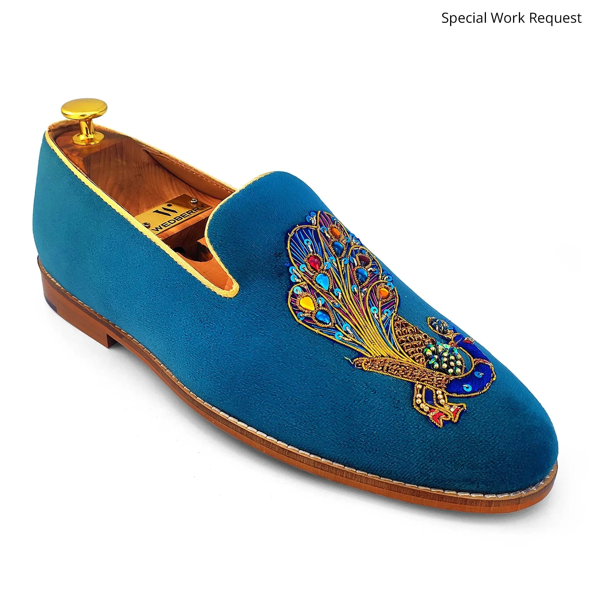 Turquoise Blue Loafer with Special Peacock Zardozi Work for Men