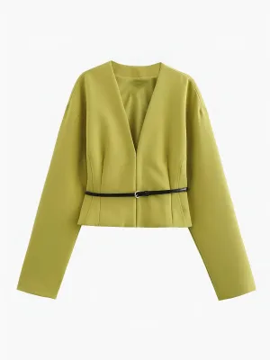 V-Neck Slim Belted Blazer