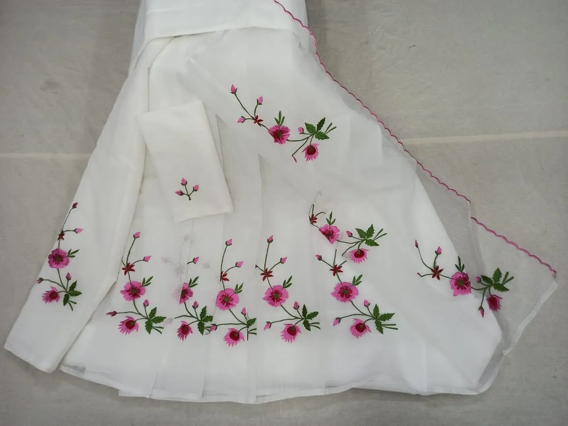 white Kota Doria Embroidery Work Saree