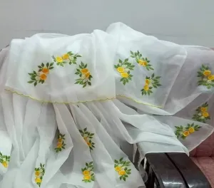 White Kota Doria Embroidery Work Saree