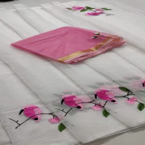 White  Kota Doria Embroidery Work Sari
