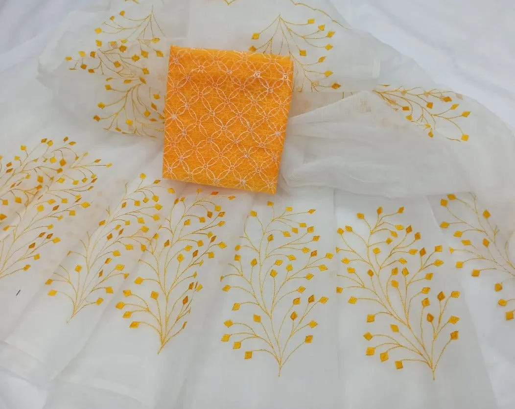 White Kota Doria Embroidery Work Sari