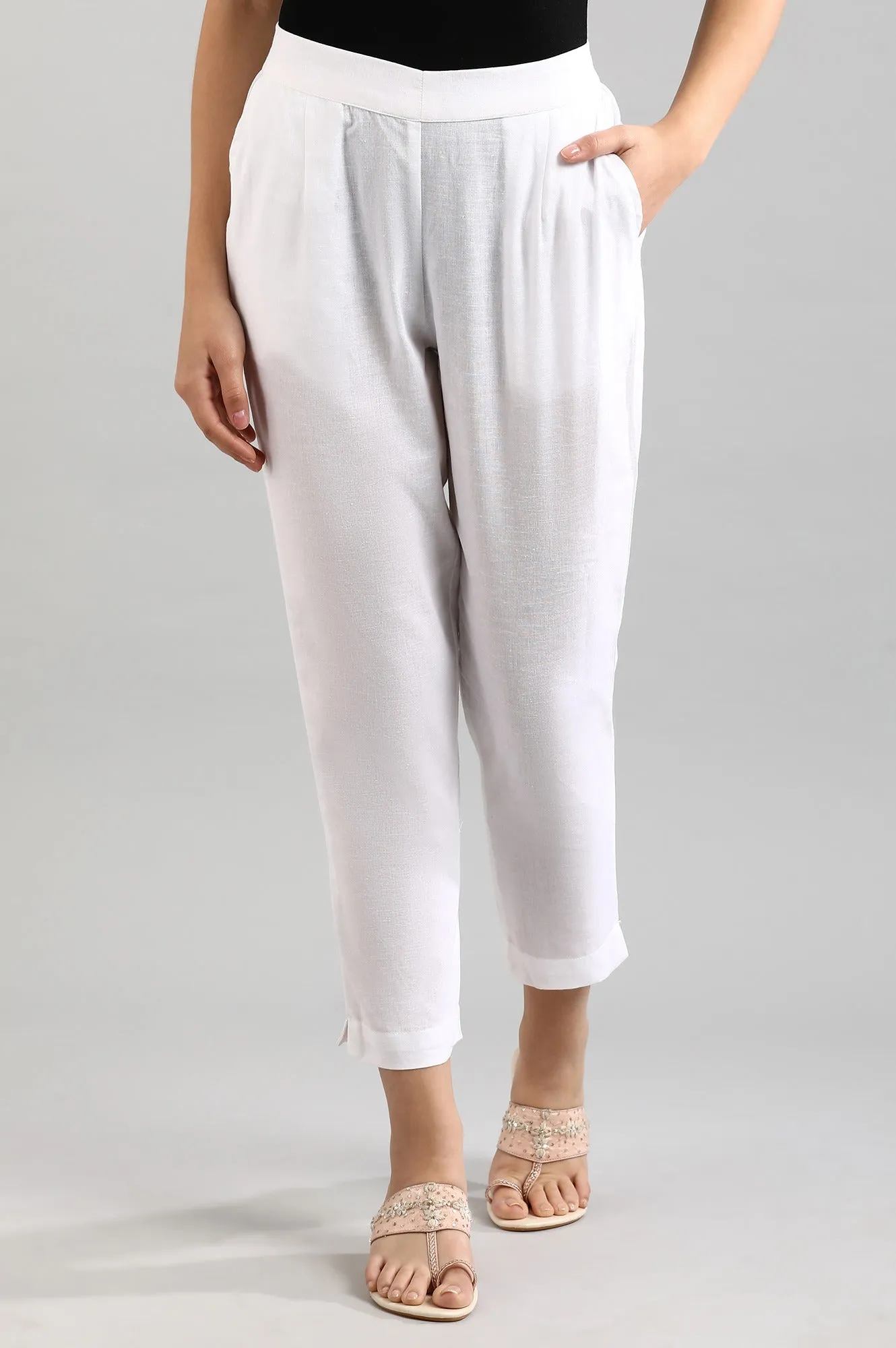White Solid Women Cotton Flax Trousers