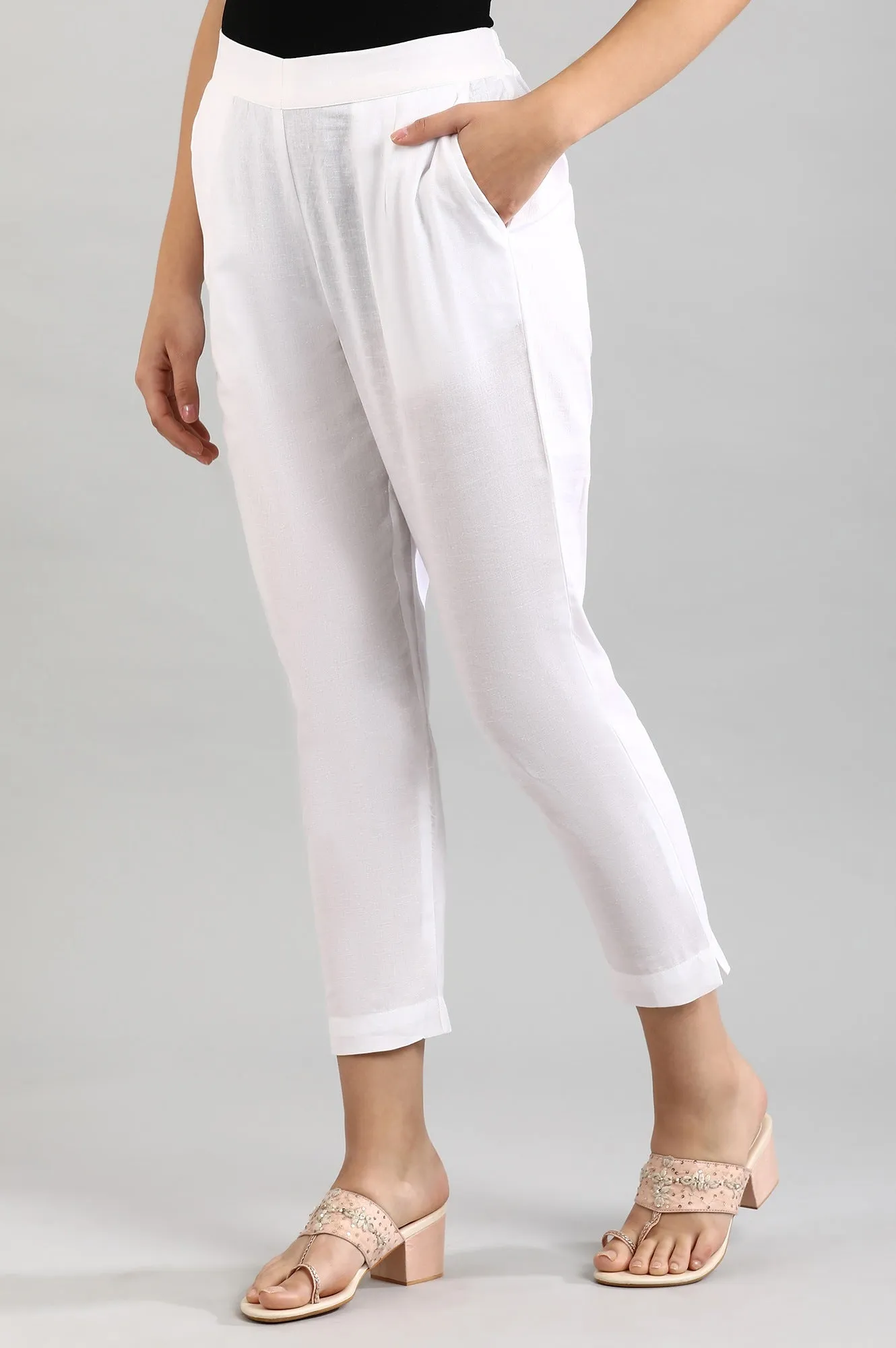 White Solid Women Cotton Flax Trousers