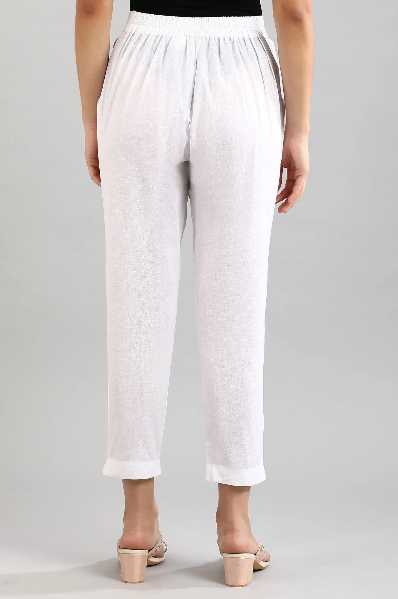 White Solid Women Cotton Flax Trousers