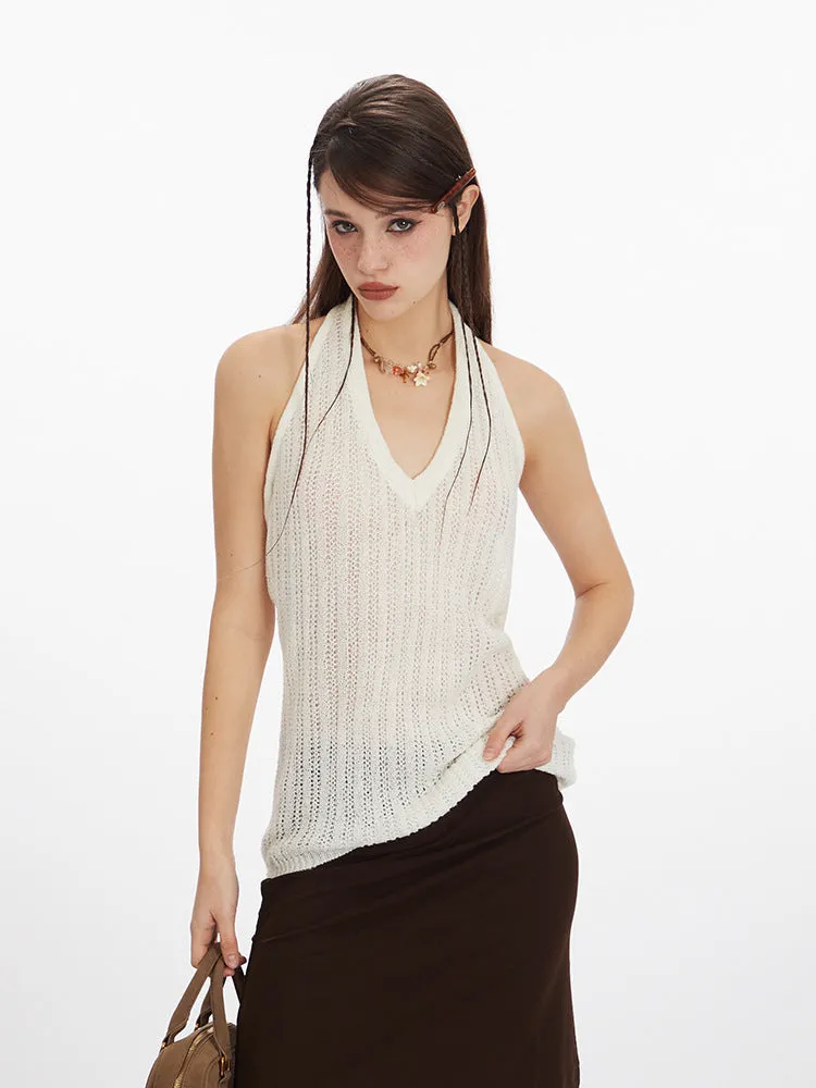 White Tank Top｜Commuter Style Knit Halter Neck Slim Fit