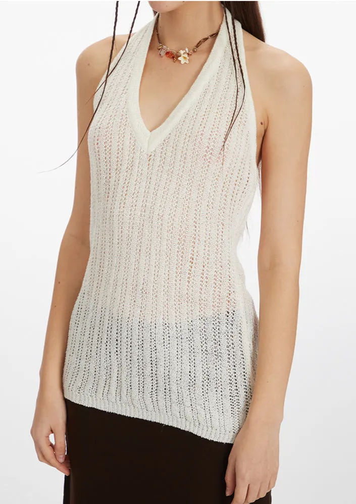 White Tank Top｜Commuter Style Knit Halter Neck Slim Fit