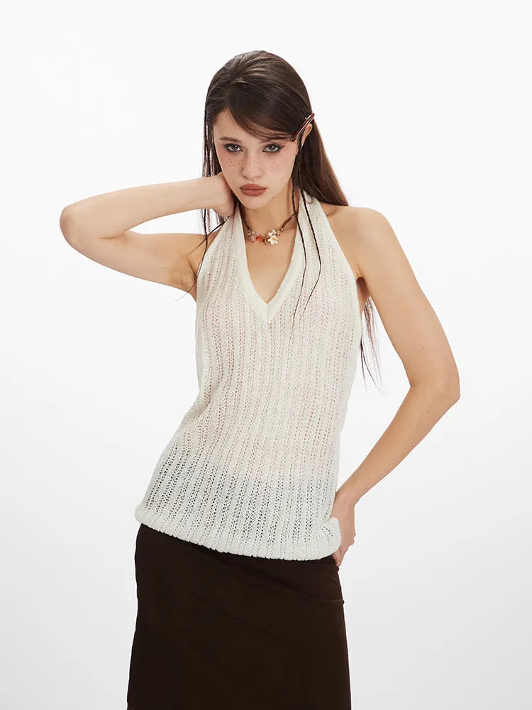 White Tank Top｜Commuter Style Knit Halter Neck Slim Fit