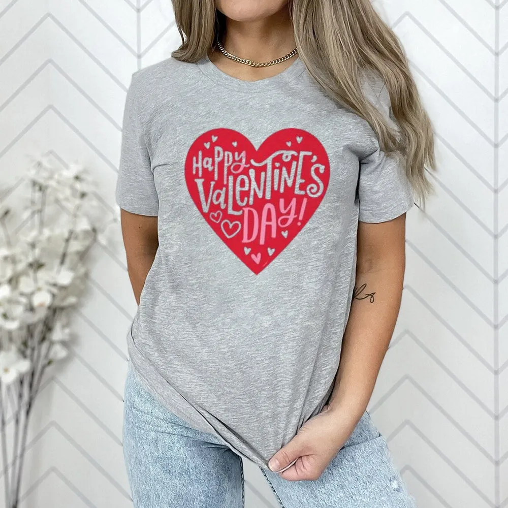 Women Happy Valentine's Day Heart Print Graphic T-shirt