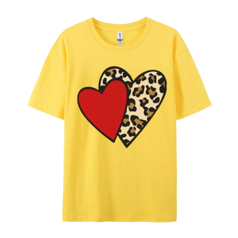 Women Love Leopard Heart Valentine's Day Print  Graphic T-shirt
