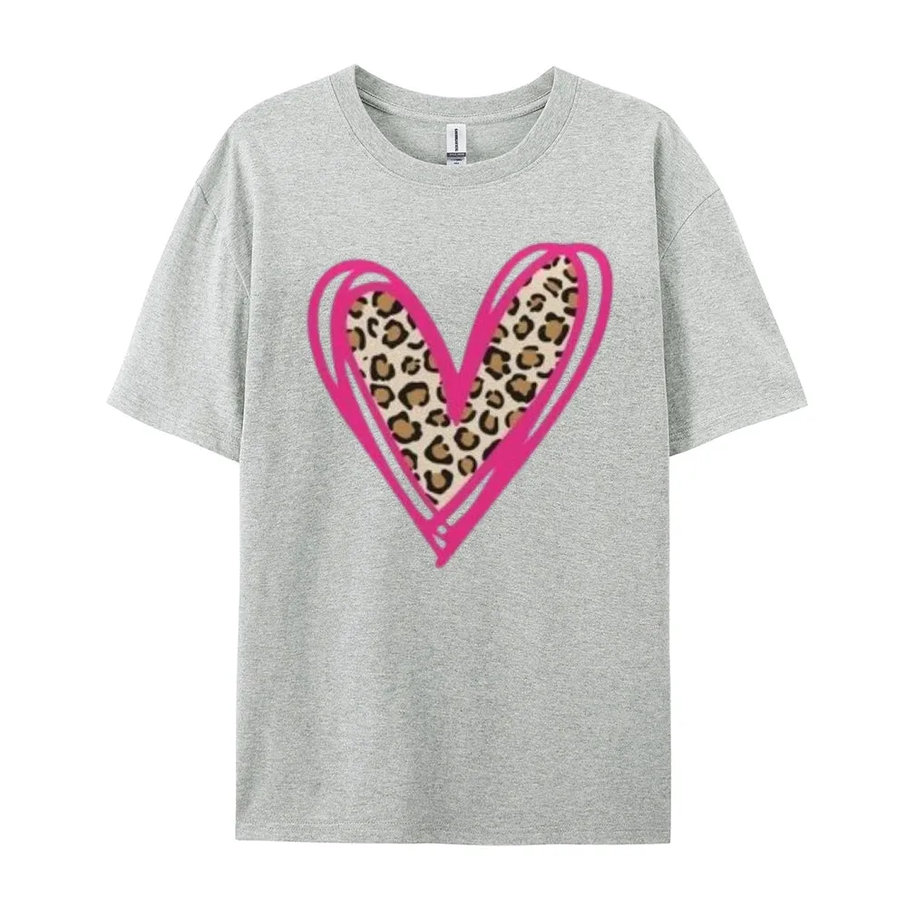 Women Love Leopard Heart Valentine's Day Print  Graphic T-shirt