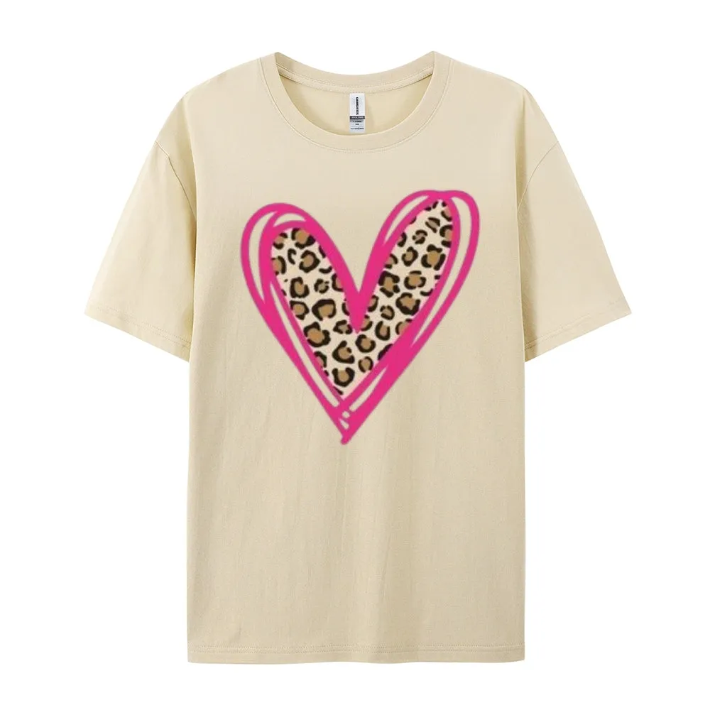 Women Love Leopard Heart Valentine's Day Print  Graphic T-shirt