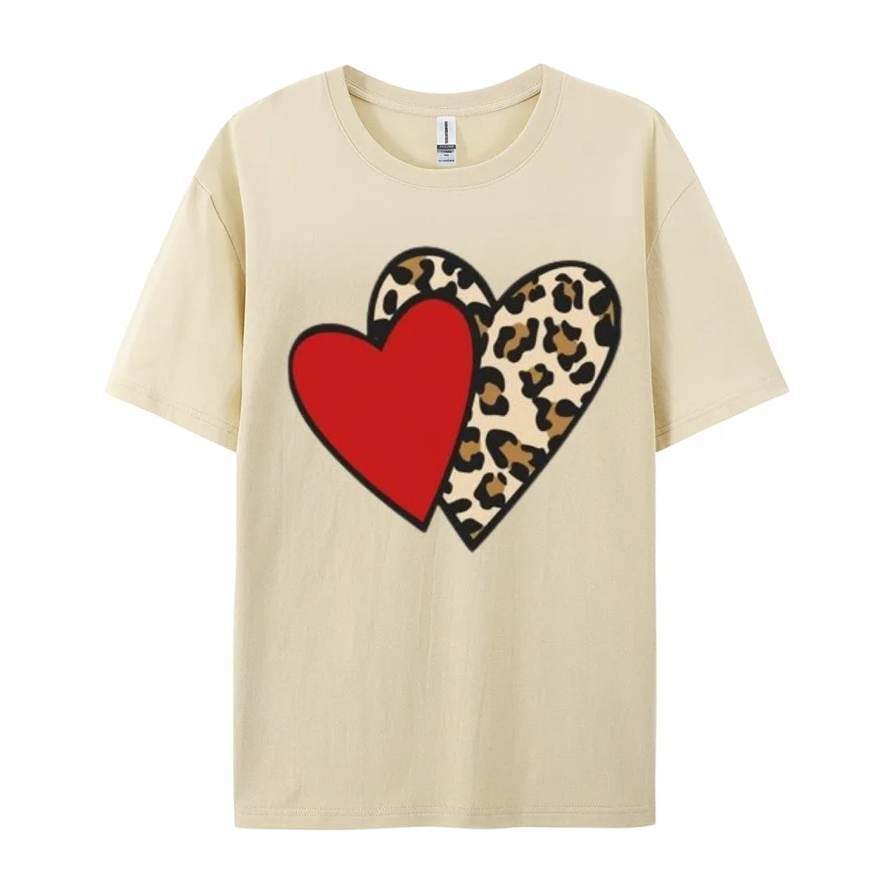 Women Love Leopard Heart Valentine's Day Print  Graphic T-shirt