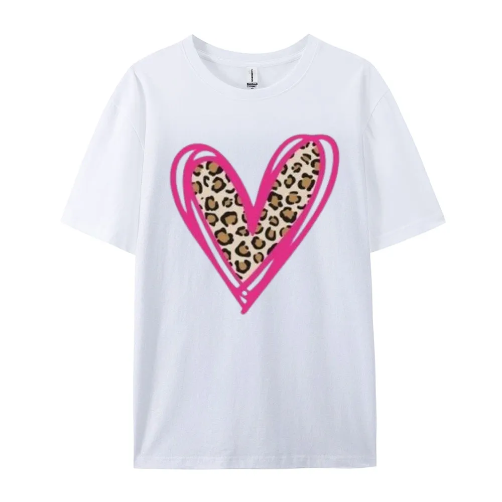 Women Love Leopard Heart Valentine's Day Print  Graphic T-shirt