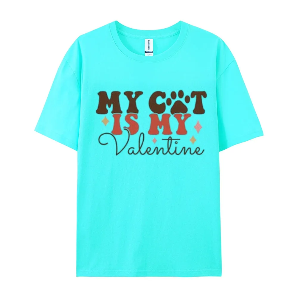 Women My Cat Is My Valentine's Day Print Graphic T-shirt