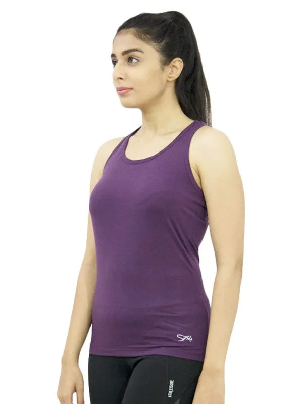 Women Purple Solid Sports Tank Top - RACER Back STRETCH-PU