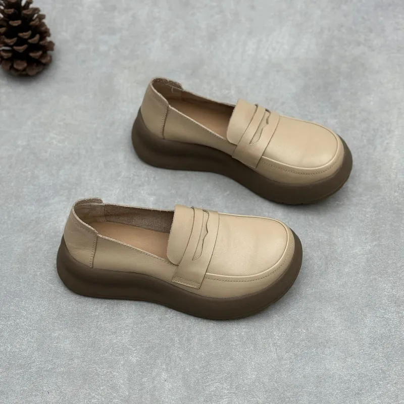 Women Retro Comfy Soft Platform Genuine Leather Slip-Ons