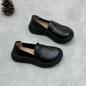 Women Retro Comfy Soft Platform Genuine Leather Slip-Ons