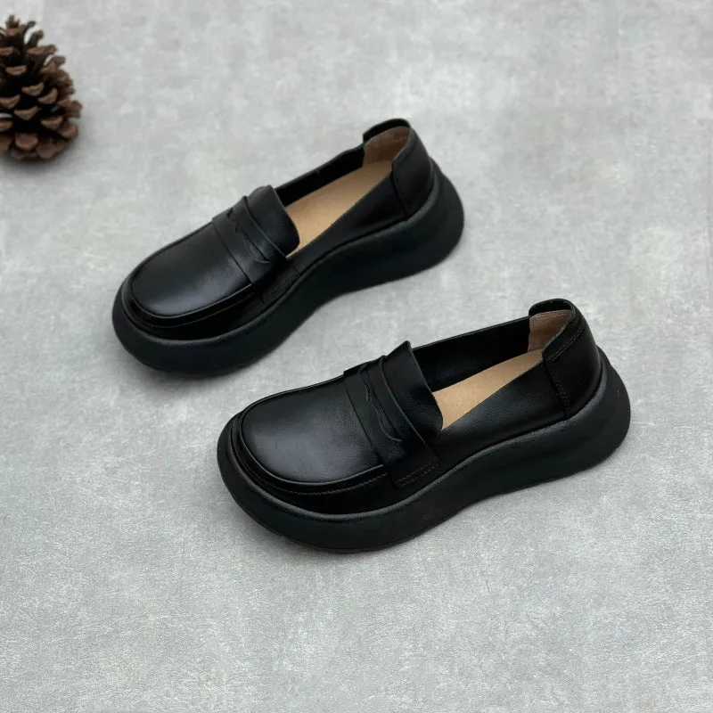 Women Retro Comfy Soft Platform Genuine Leather Slip-Ons